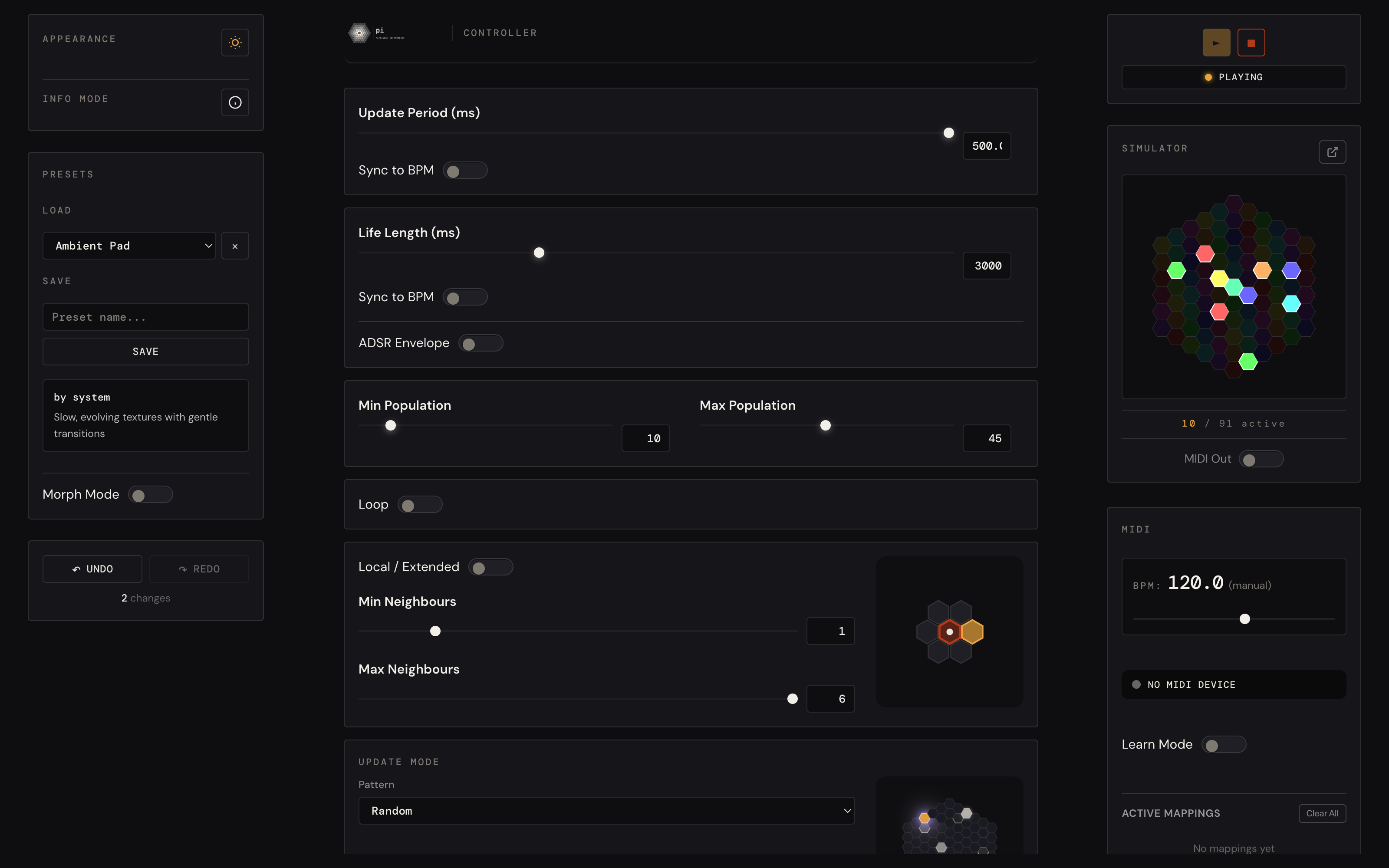 The TZ4 web control panel: sliders for update period, life length, population, neighbour rules; live simulator; MIDI panel