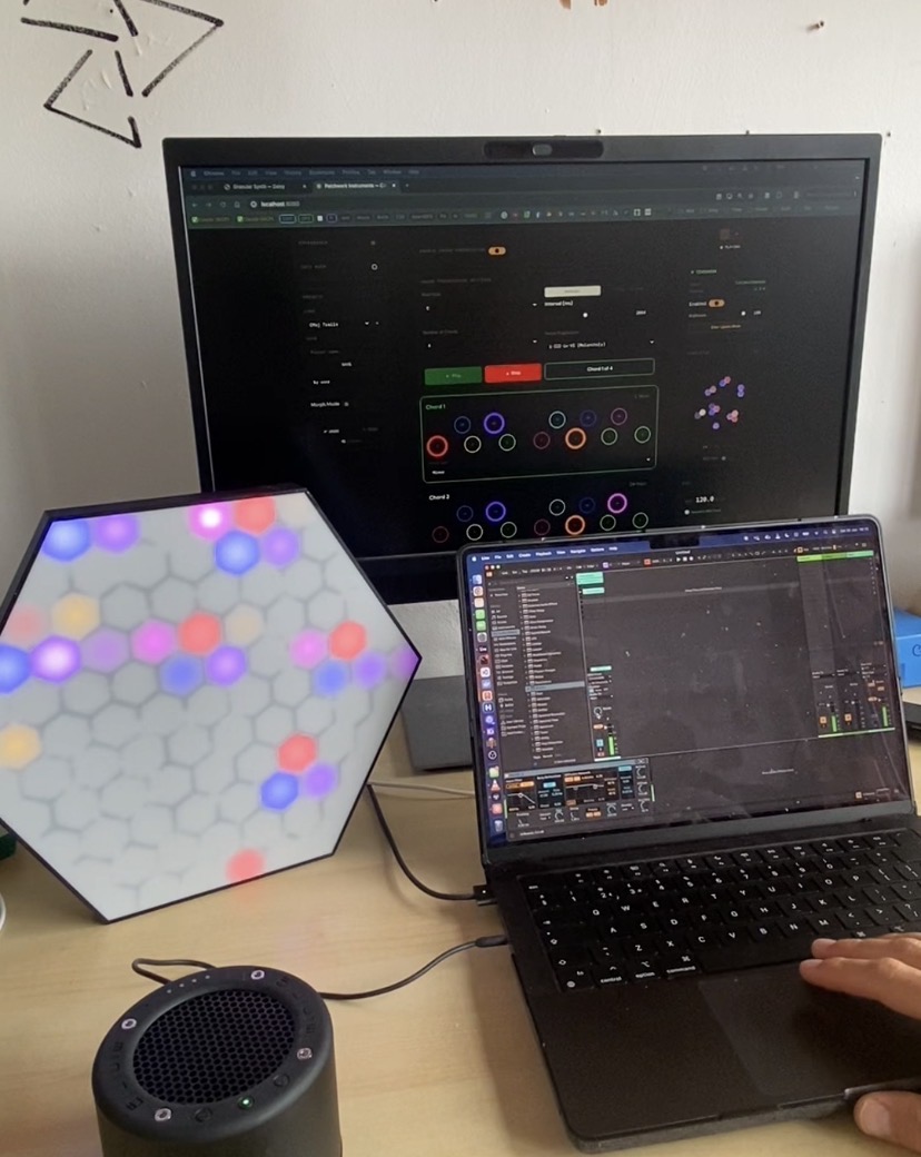 The full TZ4 ecosystem: panel, web control panel on a monitor, Ableton Live on a laptop